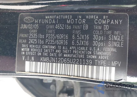 2005 Hyundai Tucson Gls/Lx from USA, damaged, VIN KM8JN12D65U221139